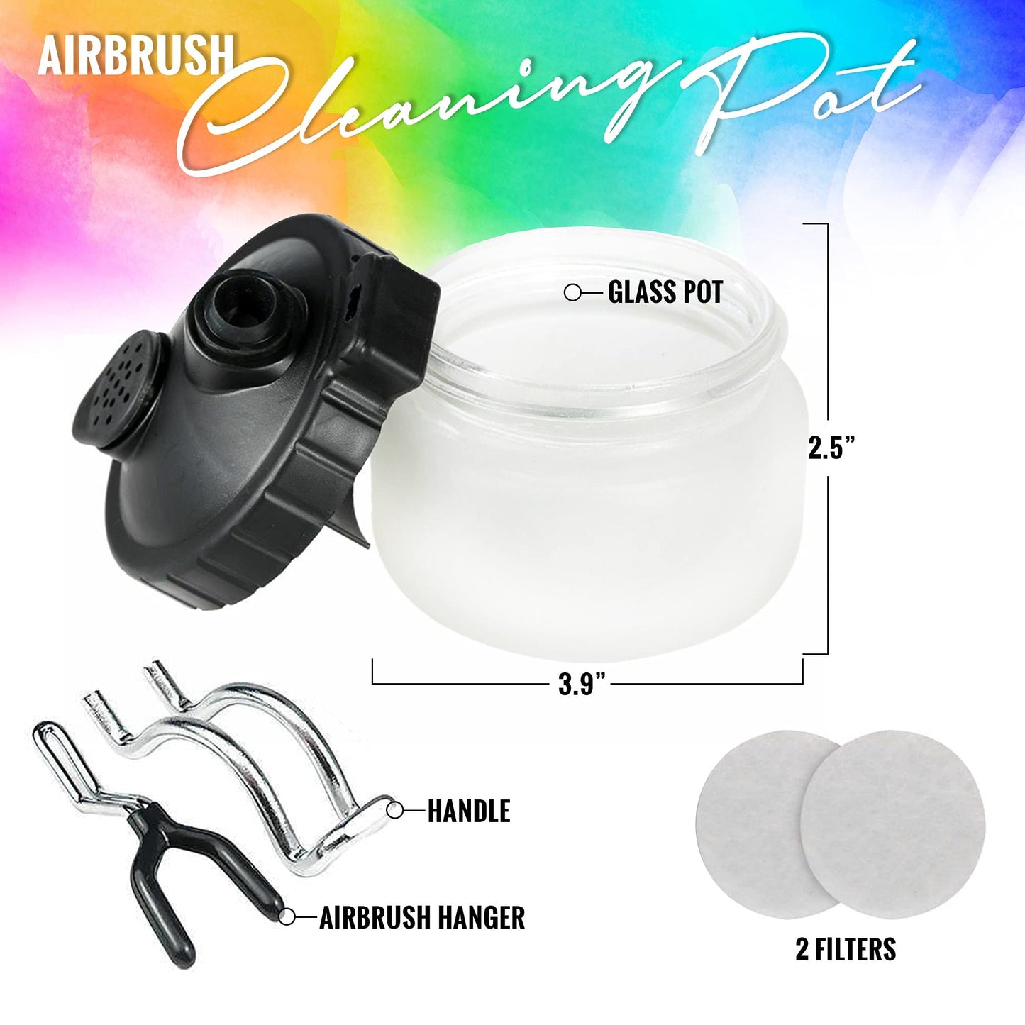 Airbrush Cleaning Kit, Pixiss Glass Cleaning Pot Jar with Holder, 5pc Cleaning Needles, 5pc Cleaning Brushes, 1 Wash Needle, 2 Extra Filters