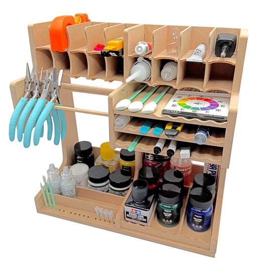 Pixiss Wooden Model Kit Organizer Rack – MDF Paint Rack and Tool Holder for Tamiya, Vallejo Paints, Brushes, and Accessories – Space-Saving DIY Assembly Storage Solution