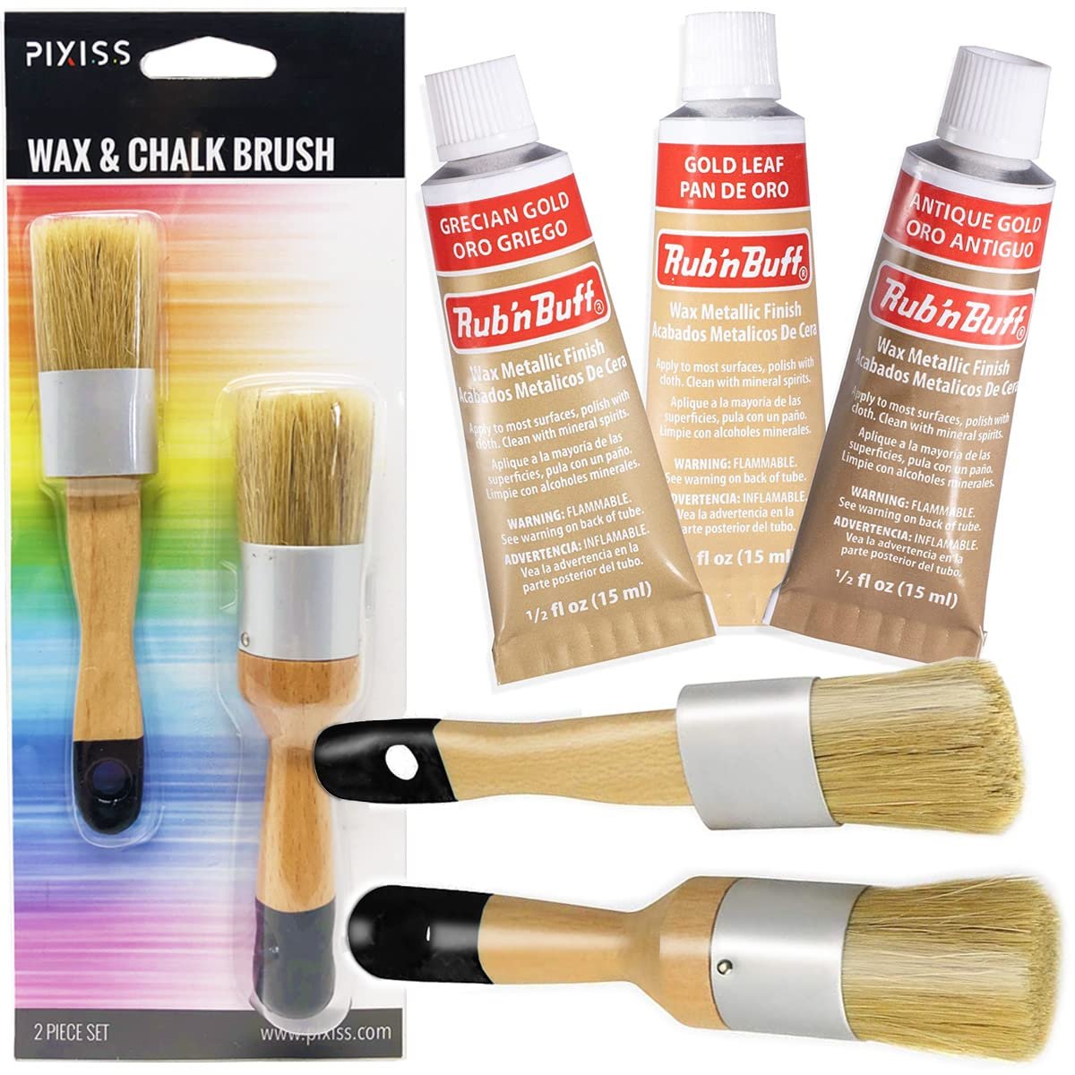 AMACO Rub n Buff Wax Metallic Finish 3 Color KIt - Silver Leaf, Ebony, Gold Leaf - Versatile Gilding Wax for Finishing Furniture Antiquing and Restoration - Pixiss Chalk Furniture Paint Brushes