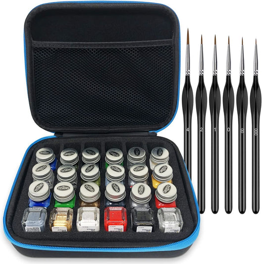 Pixiss Model Paint Storage Case for Testors Paints with 6 Fine Detail Miniatures Paint Brushes (Paint Not Included)