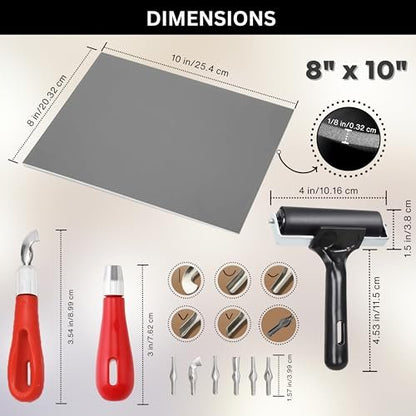 Pixiss Printmaking Supplies - Linoleum Blocks for Printmaking (6 Pack) 8"x10"x1/8" and Linocut Tools - Rubber Roller and Linocut Carving Tool for Block Printing Kit - Linoleum Stamp Making Kit