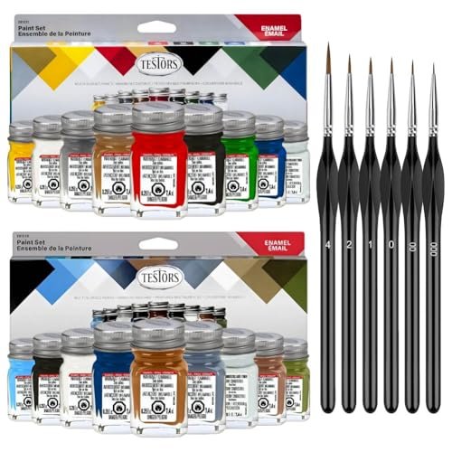 Testors Enamel Model Paint Sets and 6 Paint Brushes - Model and Camo Paints for Professional Results in Painting Plastic Models and Miniatures - Small Paint Brushes for Canvas Painting and Crafts