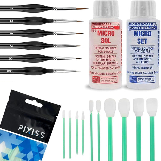 Micro Sol and Micro Set Decal Setting Solution Bundle with Pixiss Black Brushes and Blending Swabs – Professional Decal Application Kit for Model Builders, Crafts, and Hobbyists