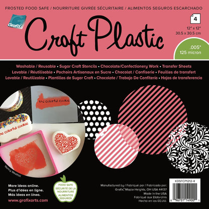 Grafix Food-Safe Plastic Frosted, 12 x 12”, Pack of 4 – Reusable .005” Thick Translucent Film, Perfect for Sugar Craft Stencils, Cookie and Cake Decorating, Chocolate Work (K05FCP1212-4)