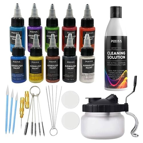 Pixiss Air Brush Painting Set with Airbrush Cleaner Pot and Brush Cleaner Fluid (4 fl oz) - 10 Colors of Acrylic Paint for Airbrush Kit with accessories for Model Paint Kit