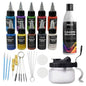 Pixiss Air Brush Painting Set with Airbrush Cleaner Pot and Brush Cleaner Fluid (4 fl oz) - 10 Colors of Acrylic Paint for Airbrush Kit with accessories for Model Paint Kit