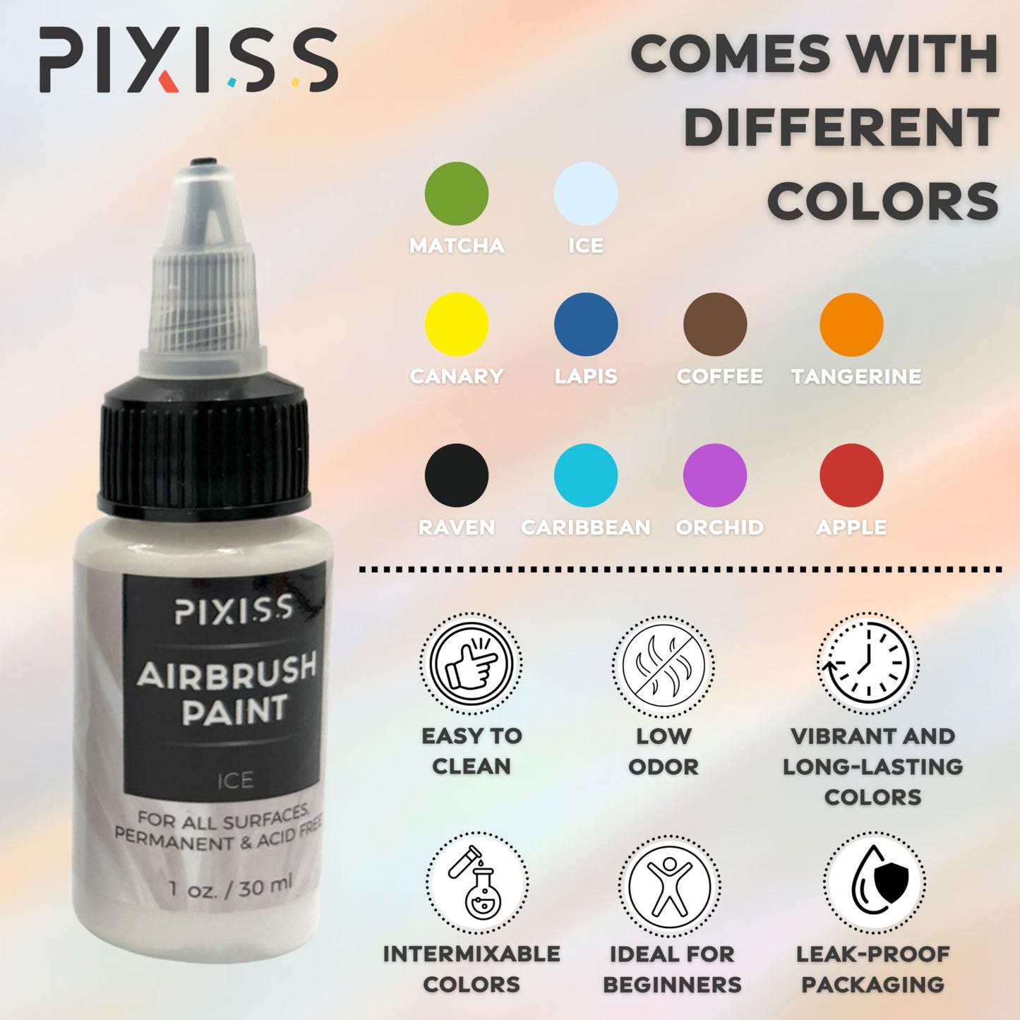 Pixiss Air Brush Painting Set - 10 Colors of Acrylic Paint for Airbrush Kit - Acrylic Airbrush Paint Set for Model Paint Kit - Vibrant Pigments, Acid-Free - For All Surfaces