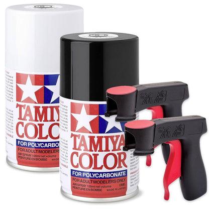 Tamiya TS-26 White and PS-5 Black Spray Paint Bundle with 2 Pixiss Spray Can Holders – High-Gloss Lacquer and Polycarbonate Paint for Models and R/C Car Bodies