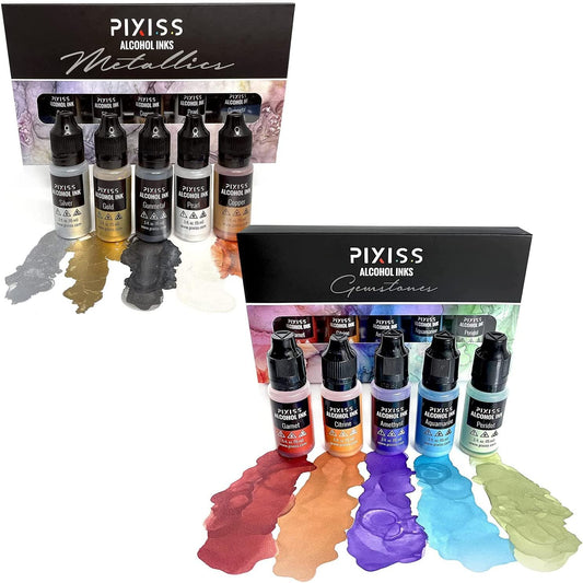 PIXISS Shimmering Metallic & Gemstone Alcohol Ink Set - 10 Inks