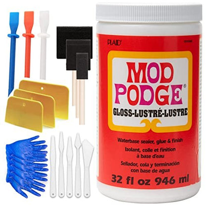 Mod Podge CS11303 Waterbase Sealer, Glue & Decoupage Finish, 32 oz, Matte, Pixiss Accessory Kit with Brayer, Gloves, Spreaders, Brushes