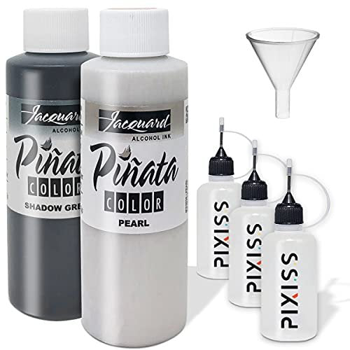 Jacquard Pinata Pearl and Shadow Grey Colors (4-Ounce Bottles), 3 Pixiss 20ml Needle Tip Applicator and Refill Bottles and 1.5 inch Funnel Bundle for Yupo and Resin