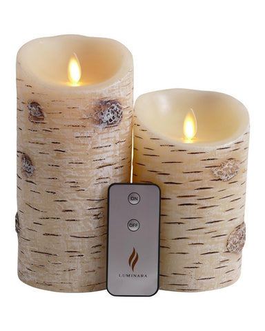 Set of 2 Luminara Birch Bark Flameless Candles: 3.75x5 3.75x7 Birch Luminara Candle Set with Timer, Remote Control and Batteries