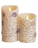 Set of 2 Luminara Birch Bark Flameless Candles: 3.75x5 3.75x7 Birch Luminara Candle Set with Timer, Remote Control and Batteries