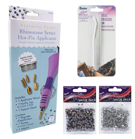 Rhinestone Hot-Fix Applicator Wand Kit: Setter Heat Bedazzler Tool with Tweezers, 750 Glass and Muticolor Stones.