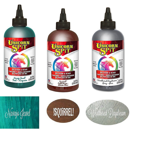 Unicorn SPiT Gel Stain and Paint Fall Color Collection - Squirrel, Navajo Jewel, Weathered Daydream 8 oz bottles