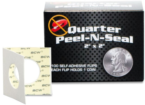 BCW Peel-N-Seal Self-Adhesive 2x2 Coin Flips for Quarters 100ct